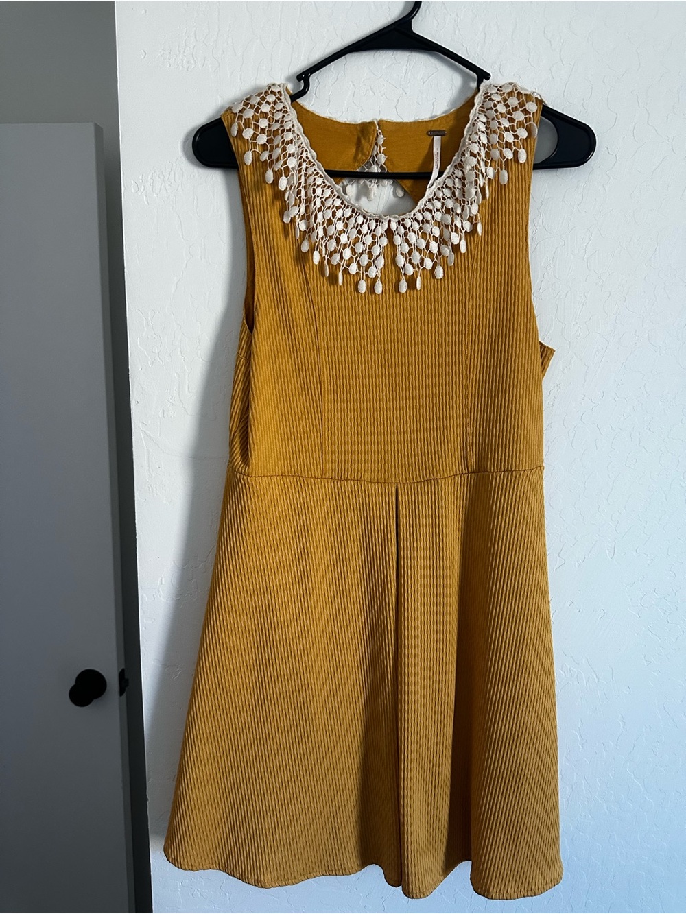 free people mustard yellow waffle knit crochet collar mini dress medium
